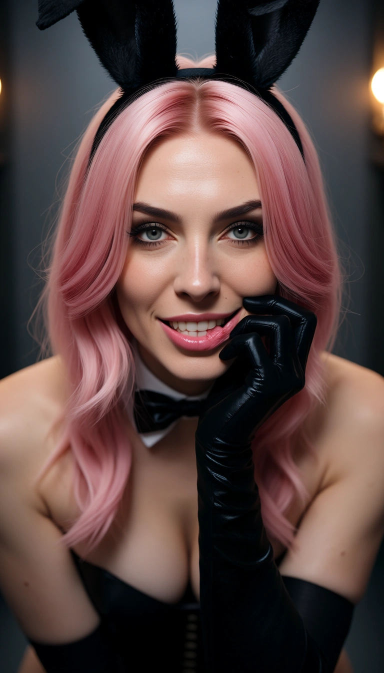 ultra HD, lifelike, bunny girl, pink hair, black gloves, teasing, lifelike render