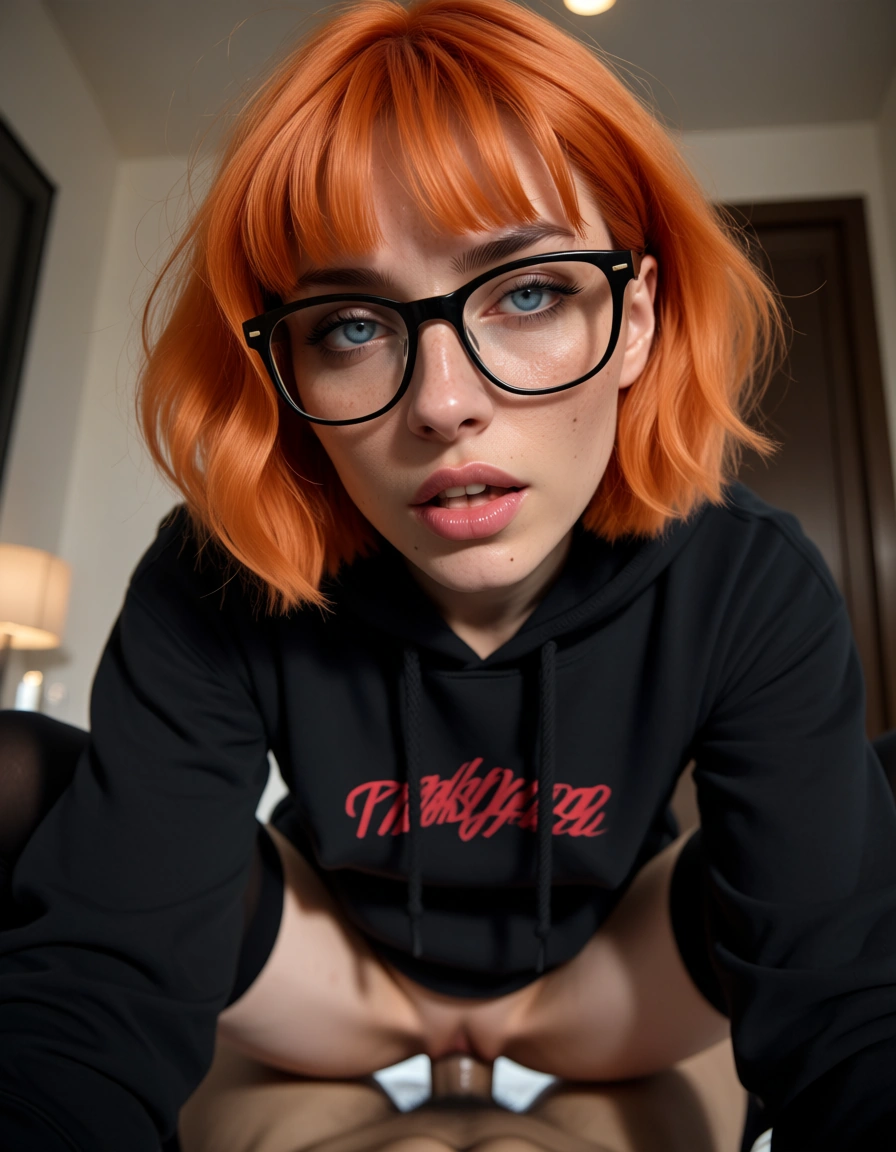 black_hoodie thighhighs glasses small_breasts blunt_bangs short_hair orange_hair blue_eyes sex, score_9, score_8, amateur photo, phone snapshot, realistic skin texture, skin blemishes, soft indoor lighting, score_9, score_8, candid photo, realistic skin texture, visible skin pores, film grain, depth of field