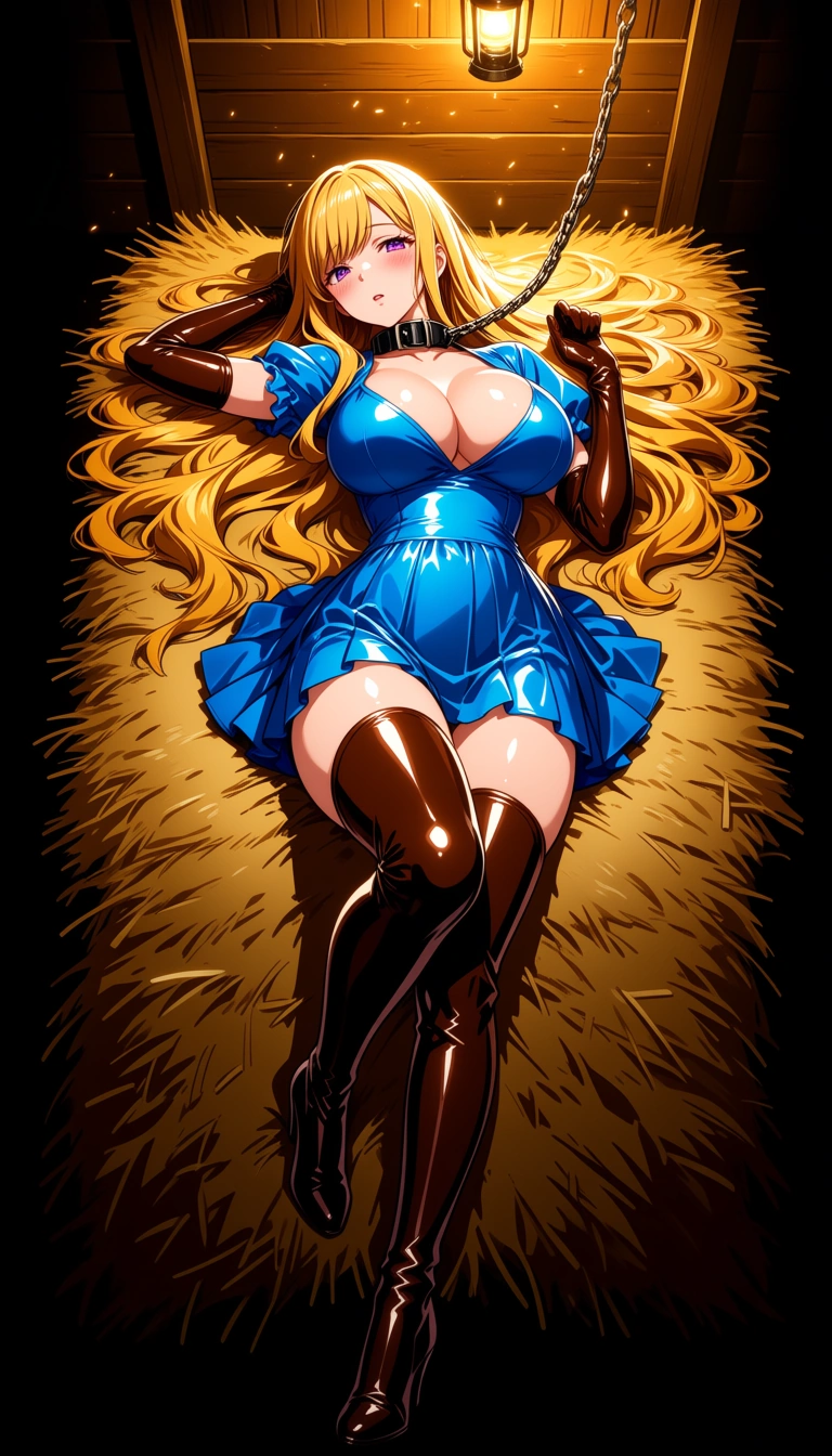 (anime style:1.3), 2d, anime screencap, cel shading, flat color, (anime style:1.3), 2d, anime screencap, cel shading, flat color, Masterpiece, best quality, ultra-detailed, 8k, beautiful anime hentai girl, 20 years old, gorgeous face, large seductive purple eyes, flushed cheeks, slightly open mouth, long flowing golden blonde hair spread out on the floor, perfect  body, proportion breasts, 

lying seductively on her back on the hay-covered floor of a rustic wooden barn, full body visible from head to toe with no cropping, legs slightly spread, knees bent, one arm resting above her head, other hand near her chest, thick black slave collar with heavy metal chain attached, 

shiny blue satin dress with short pleated_skirt low-cut neckline and deep cleavage, puffed short sleeves, ruffled hem riding up her thighs, brown glossy thigh-high latex boots, brown elbow-length gloves, dramatic warm lighting from overhead lantern, golden highlights on skin and hair, floating dust particles in the air, seductive and submissive expression, looking at viewer, 

highly detailed skin texture, glossy reflections on boots and dress, perfect anatomy, breasts slightly spilling out, semi-realistic anime style