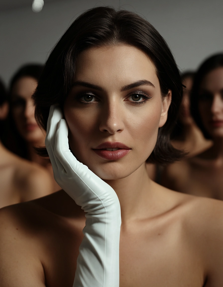 studio quality, sharp focus, 6+women, short hair, white gloves, facesitting, dslr quality, score_9, score_8, candid photo, realistic skin texture, visible skin pores, film grain, depth of field