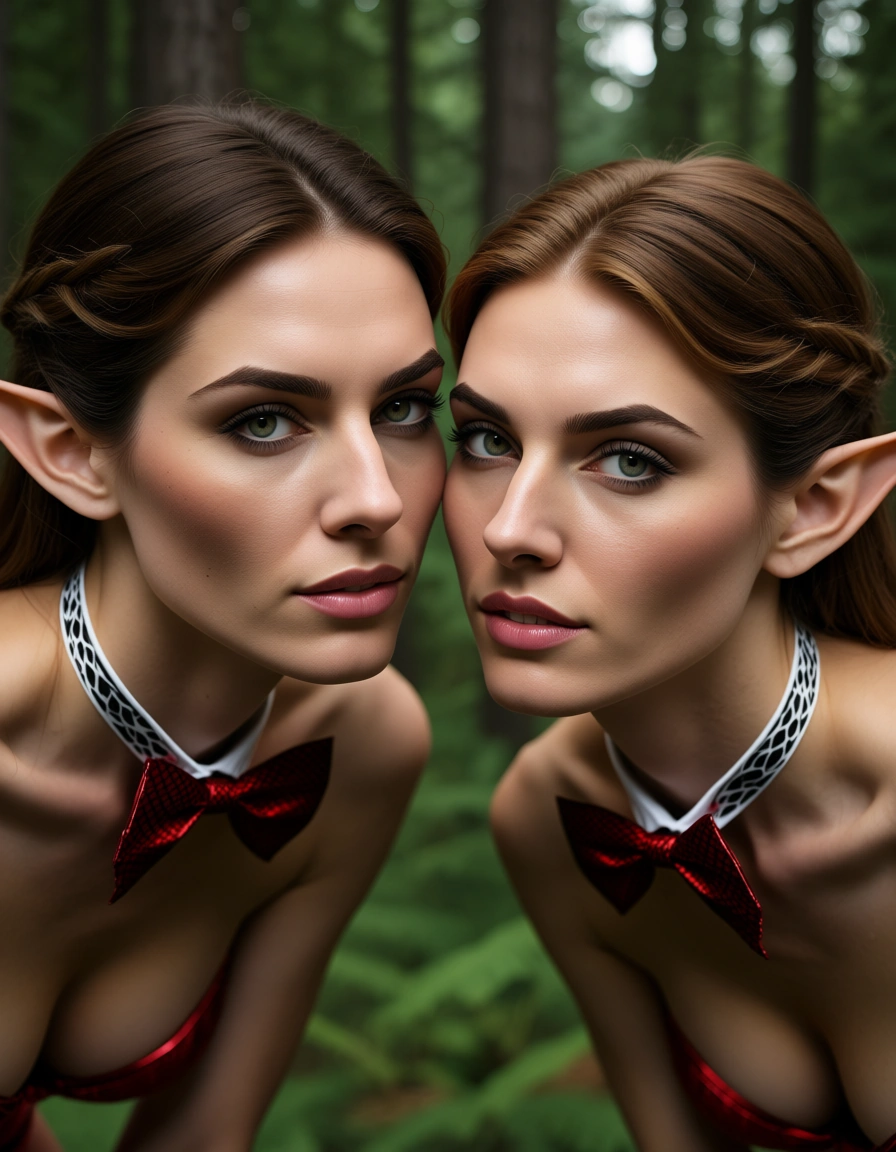 professional photo, high detail, couple, pointy ears, bowtie, bent over, tree, close-up, studio photo, score_9, score_8, candid photo, realistic skin texture, visible skin pores, film grain, depth of field