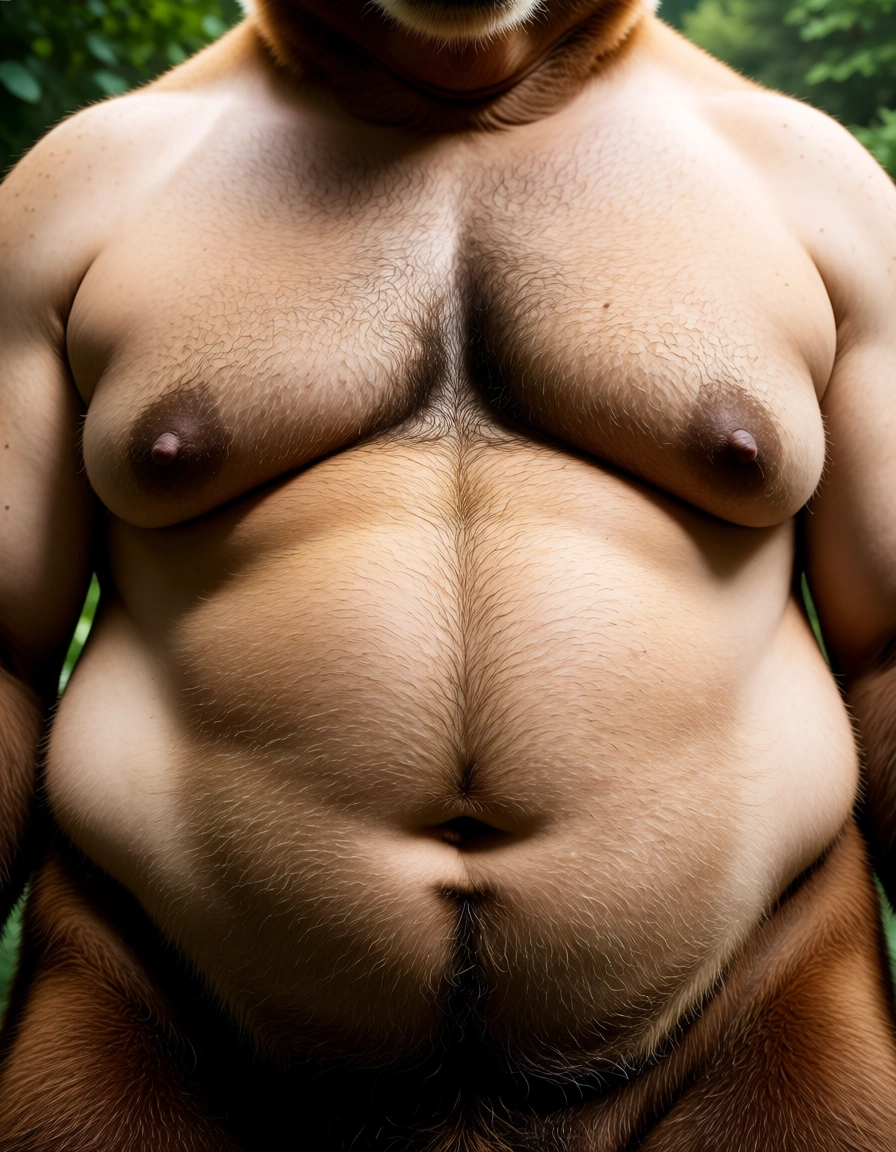 score_9, score_8, @2025, @candid photo, (amateur photography:1.2), (realistic skin texture:1.4), visible skin pores, skin blemishes, goosebumps, natural skin, soft natural lighting, (depth of field), film grain, A 50 year old bear He has a small belly, full, fatty breasts with small nipples, and a generally broad, medium-density hairy body.