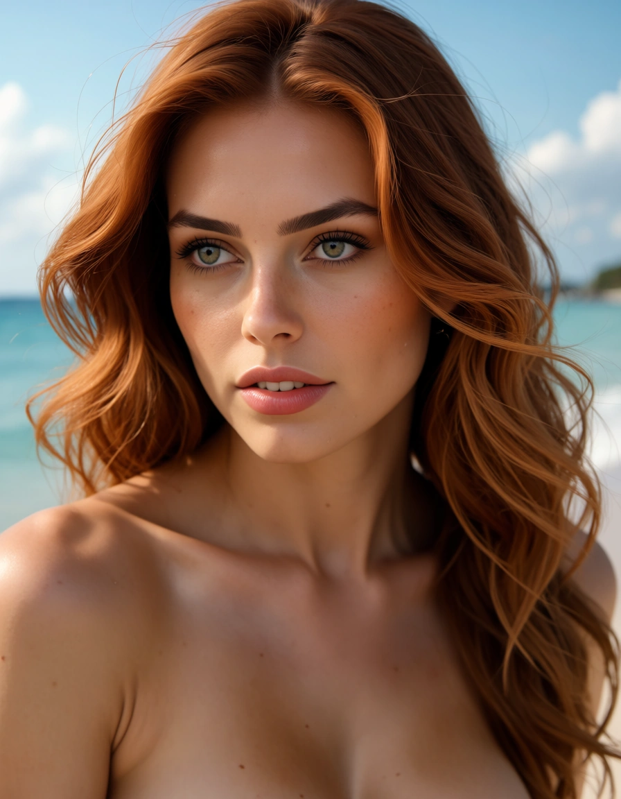 Make her on a beach naked with curvy hair name Natalia, score_9, score_8, candid photo, realistic skin texture, visible skin pores, film grain, depth of field