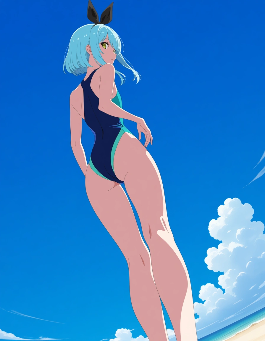 absurdres, highres, 1other, creampie, bare legs, hair ribbon, blue sky, anime style, (anime style:1.3), 2d, anime screencap, cel shading, flat color, (anime style:1.3), 2d, anime screencap, cel shading, flat color