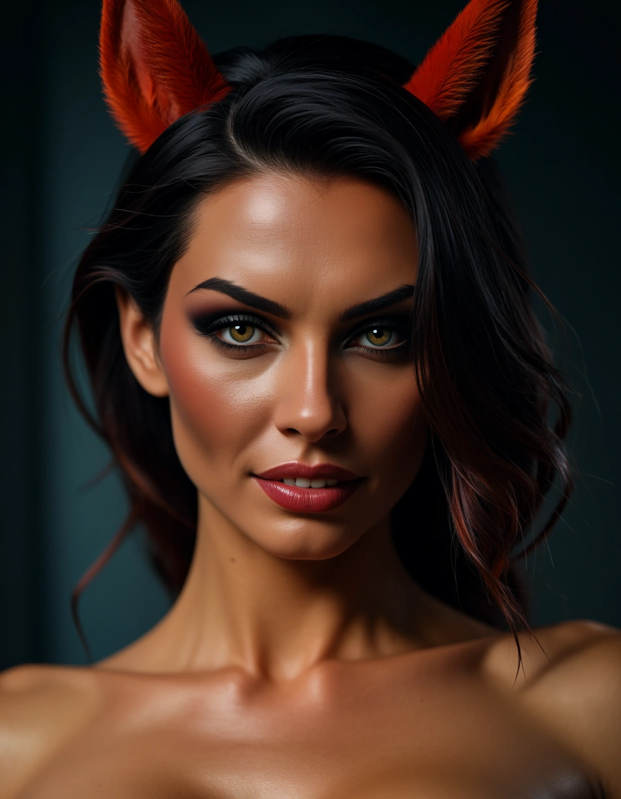 ultra HD, lifelike, demon girl, presenting, horse ears, confident gaze, photorealistic, score_9, score_8, candid photo, realistic skin texture, visible skin pores, film grain, depth of field