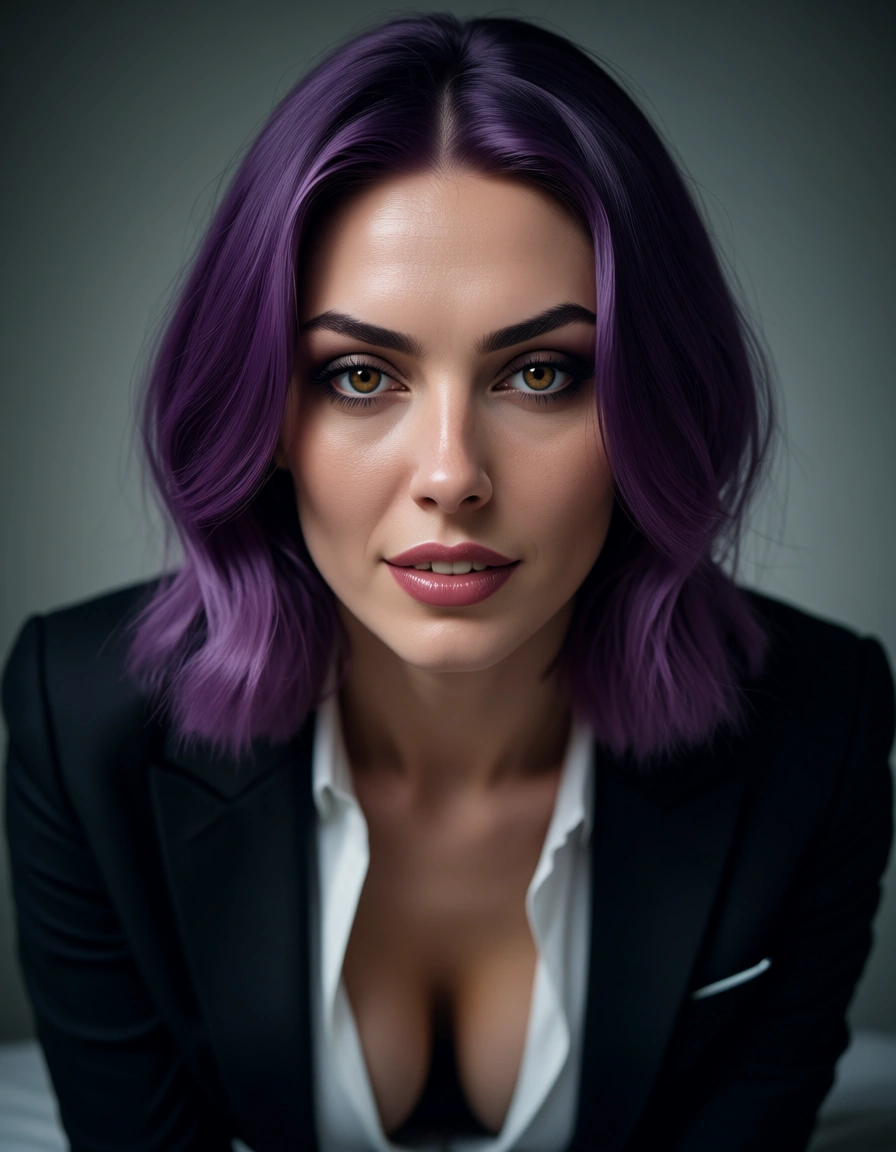 cinematic photo, 8k, succubus, purple hair, office wear, doggy style, backlit, film photography, score_9, score_8, candid photo, realistic skin texture, visible skin pores, film grain, depth of field