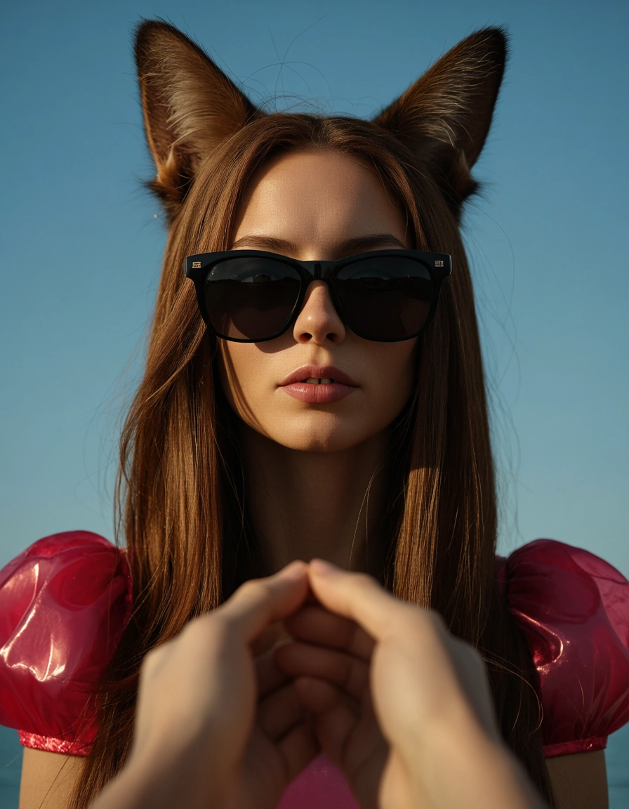cinematic photo, 8k, catgirl, sunglasses, puffy sleeves, creampie, simple background, POV, lifelike render long_hair, score_9, score_8, candid photo, realistic skin texture, visible skin pores, film grain, depth of field