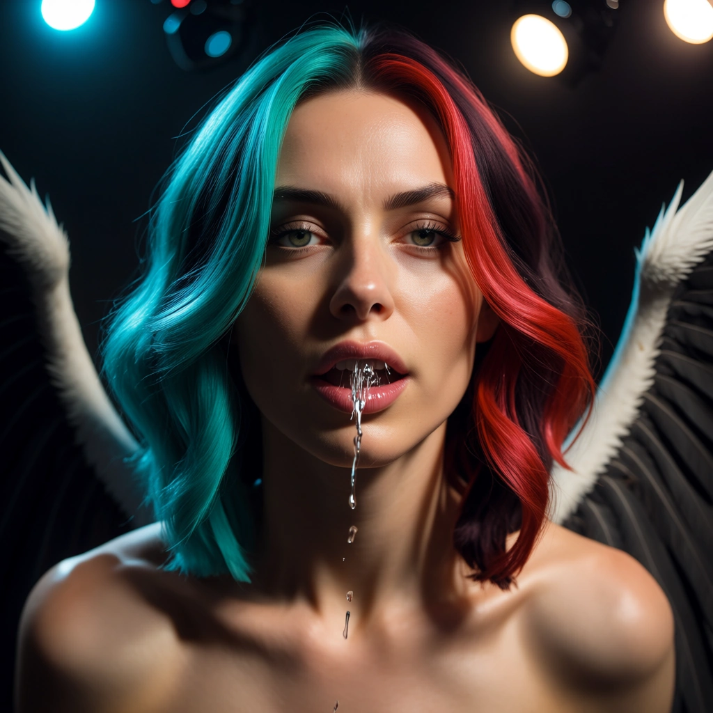 ultra HD, lifelike, 1girl, two-tone hair, wings, squirting, spotlight, 8k uhd