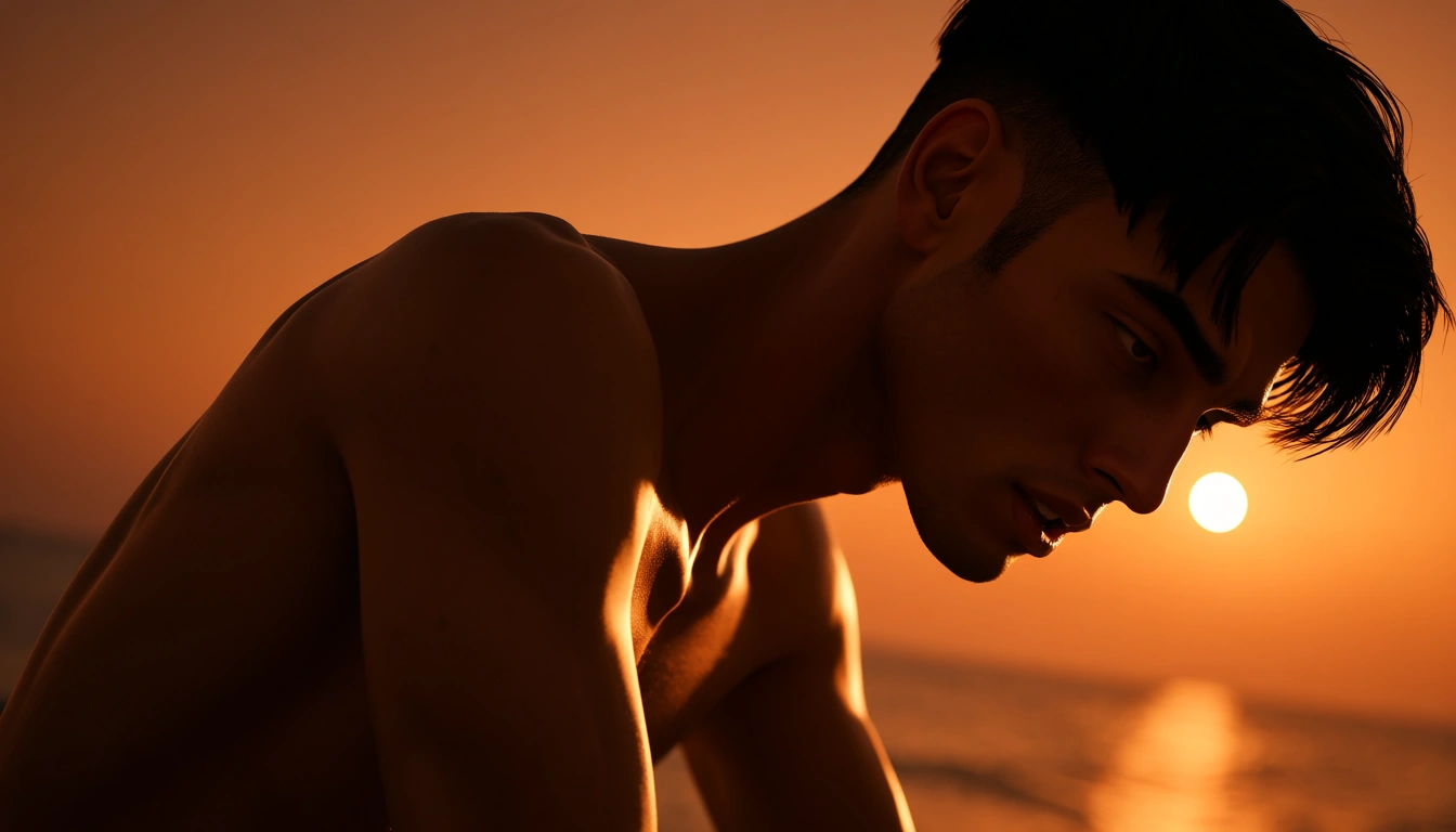 1boy, solo, slim, light body, cut black hair, nude, yaoi, painful orgasm face, ((erection,. 2/2)), eye contact, parted lips, seaside theme, backlighting, warm lighting, orange theme, dynamic angle, dramatic lighting,, score_9, score_8, 3d render, octane render, subsurface scattering, ray tracing, smooth shading