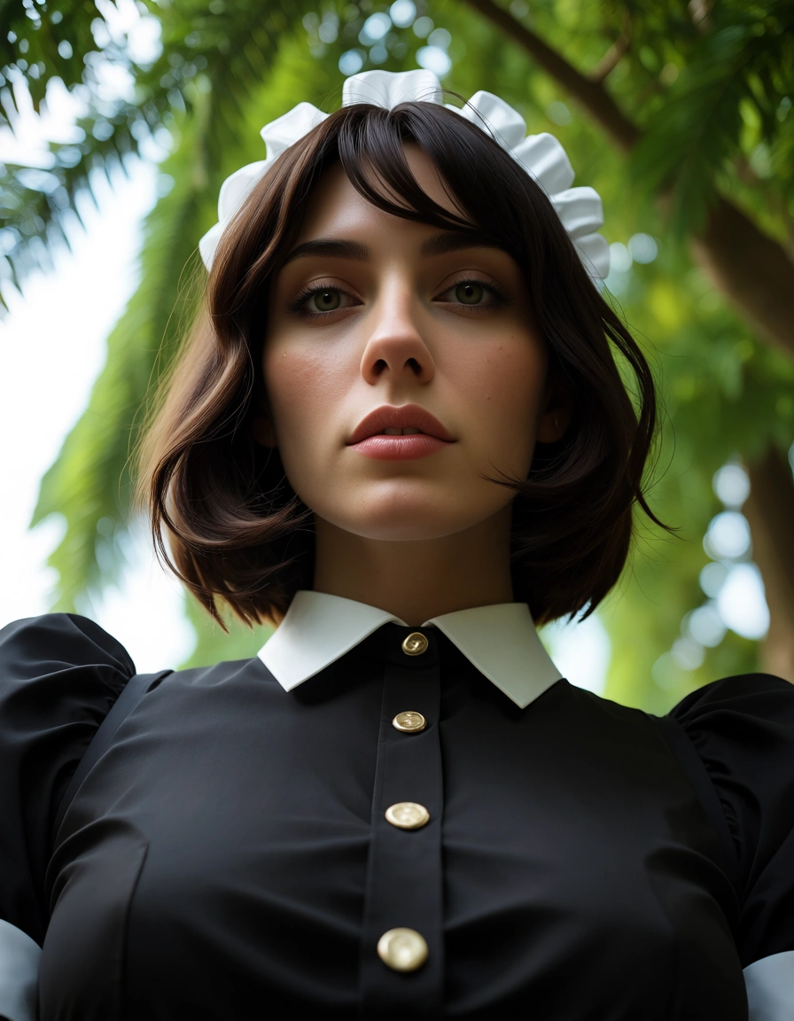 8k, sharp focus, detailed skin, maid, buttons, collared shirt, futanari, tree, from below, photorealistic, score_9, score_8, candid photo, realistic skin texture, visible skin pores, film grain, depth of field