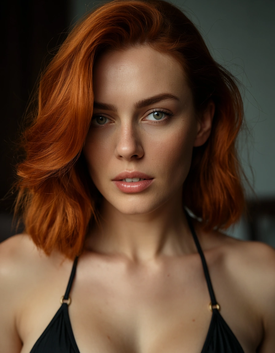 bikini redhead, 20yo, score_9, score_8, candid photo, realistic skin texture, visible skin pores, film grain, depth of field