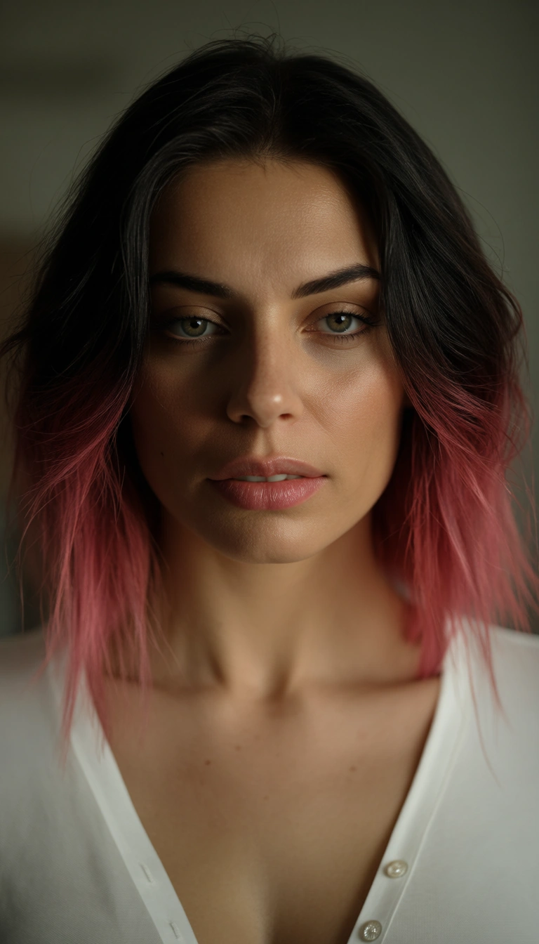 dslr, film grain, photorealistic, 1woman, gradient hair, white shirt, reverse cowgirl, natural skin texture