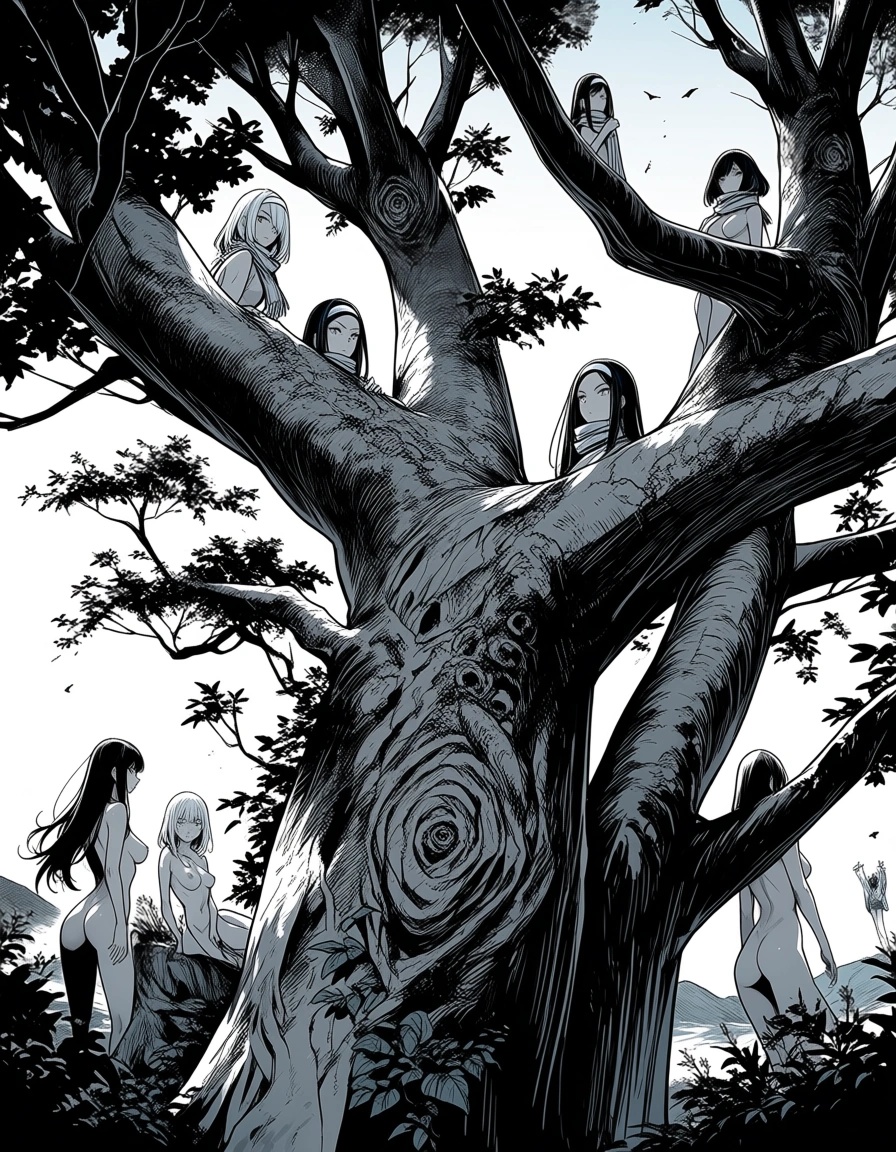hentai_studio_quality, highly detailed, sharp, 6+girls, fully nude, scarf, hairband, tree, manga panel look