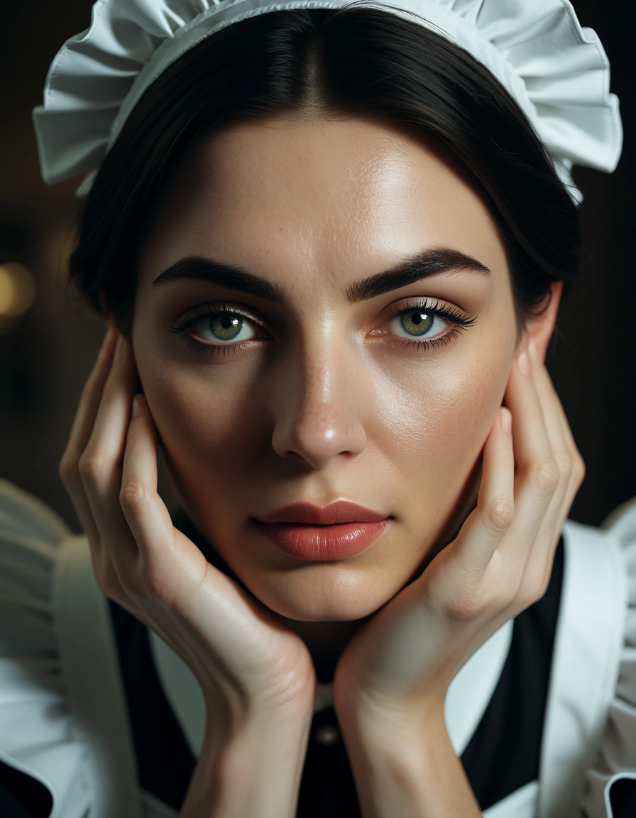 cinematic photo, 8k, close-up, maid, doggy style, hands up, cinematic realism, score_9, score_8, candid photo, realistic skin texture, visible skin pores, film grain, depth of field