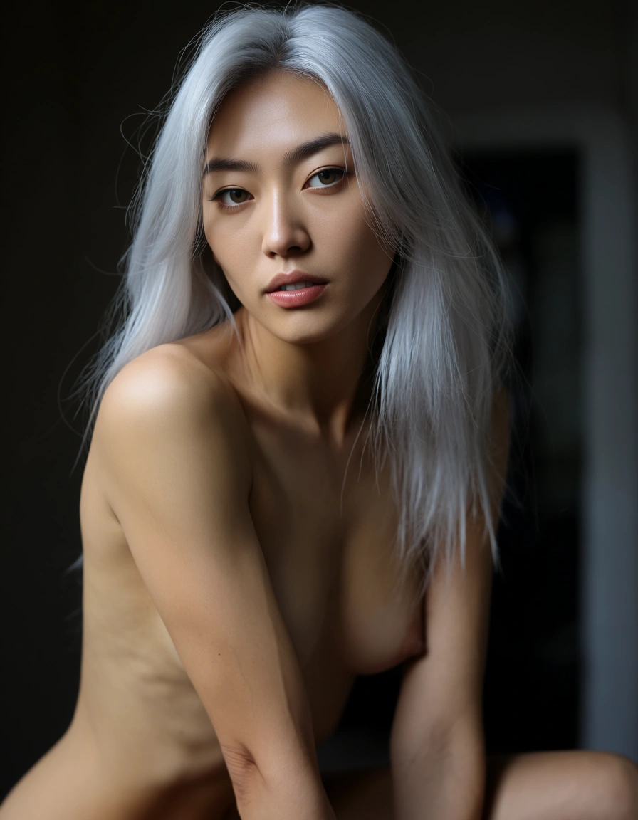Realistic asian woman. 35y. Dyed silver hair. Posing nude. She is skinny and fit. Her gazes lustily, score_9, score_8, candid photo, realistic skin texture, visible skin pores, film grain, depth of field, score_9, score_8, candid photo, realistic skin texture, visible skin pores, film grain, depth of field