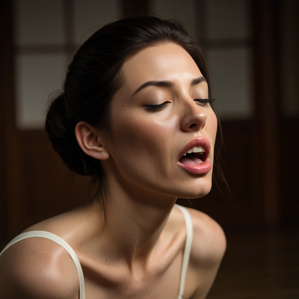 Japanese ballet club member orgasm, score_9, score_8, candid photo, realistic skin texture, visible skin pores, film grain, depth of field