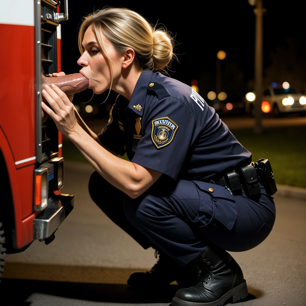 Night, behind firetruck, deepthroat blowjob, clothed sex. mature_female, blonde hair in loose bun, wearing a police uniform, dark uniform pants, and black work boots, kneeling, blowing a firefighter with a large penis. Backlit, photorealistic, sharp focus.