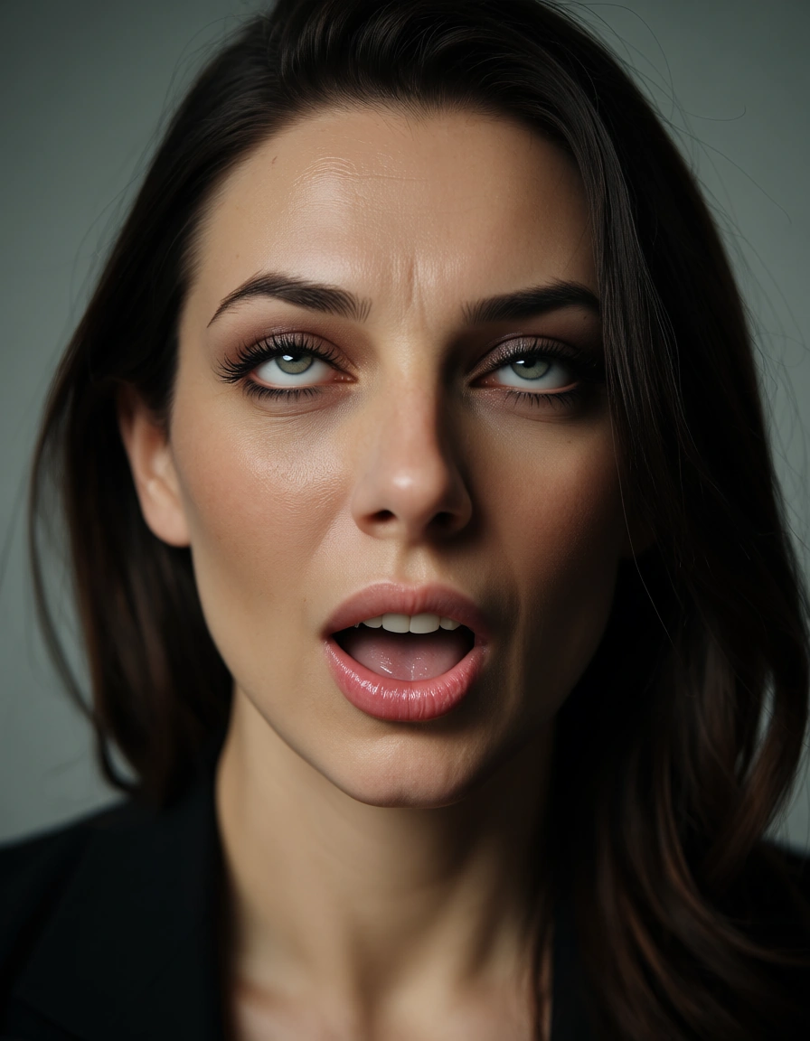 8k, sharp focus, detailed skin, office lady, ahegao, skindentation, smoldering look, RAW photo, score_9, score_8, candid photo, realistic skin texture, visible skin pores, film grain, depth of field