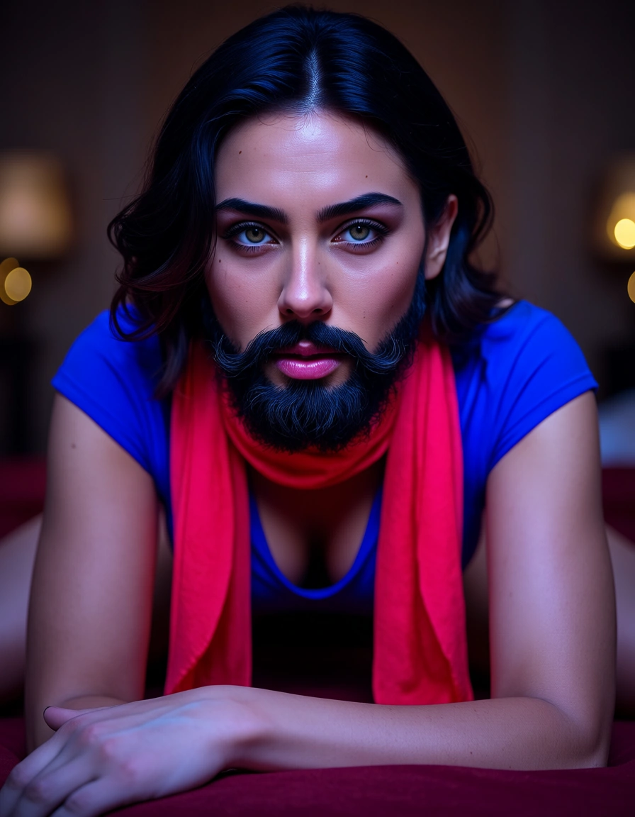 Desi Indian women professional photo, high detail, 1woman, scarf, short sleeves, 69 position, neon glow, lifelike render with a hot beard muslim boy, score_9, score_8, candid photo, realistic skin texture, visible skin pores, film grain, depth of field
