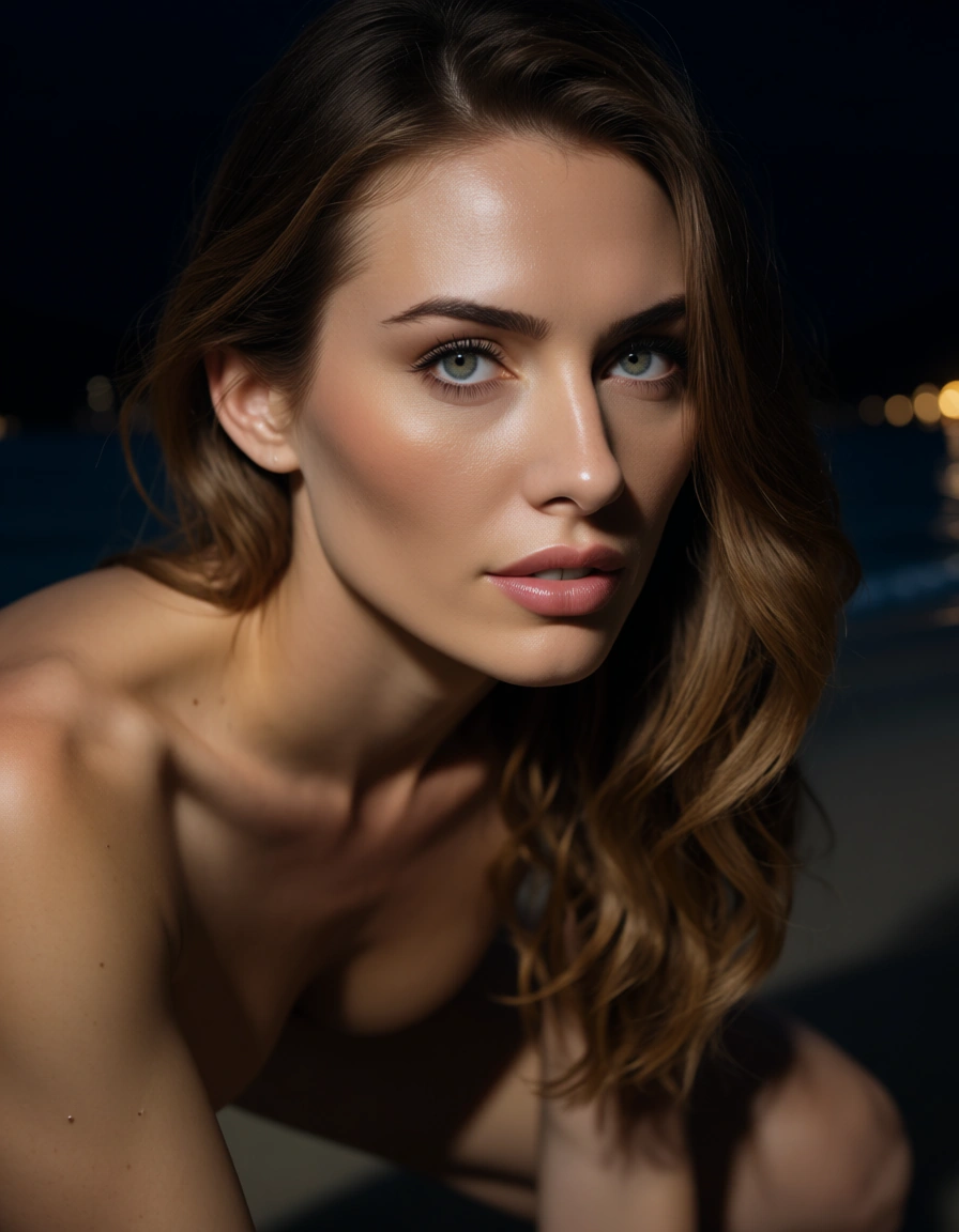 professional photo, high detail, three-quarter view, solo, doggy style, lips, night, photorealistic, score_9, score_8, candid photo, realistic skin texture, visible skin pores, film grain, depth of field