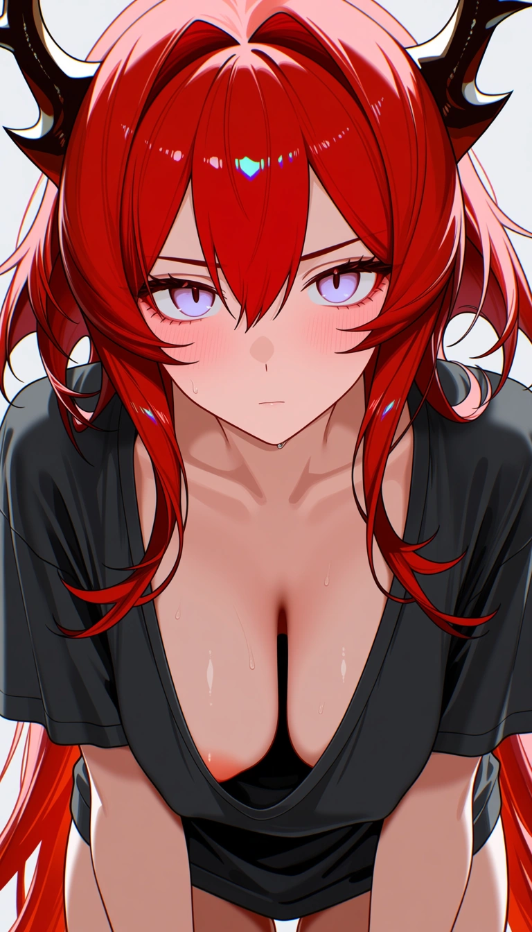 @surtr_(arknights) , loose t-shirt, no bra, hanging breast, visible nipples, nipple slip,, hentai_studio_quality