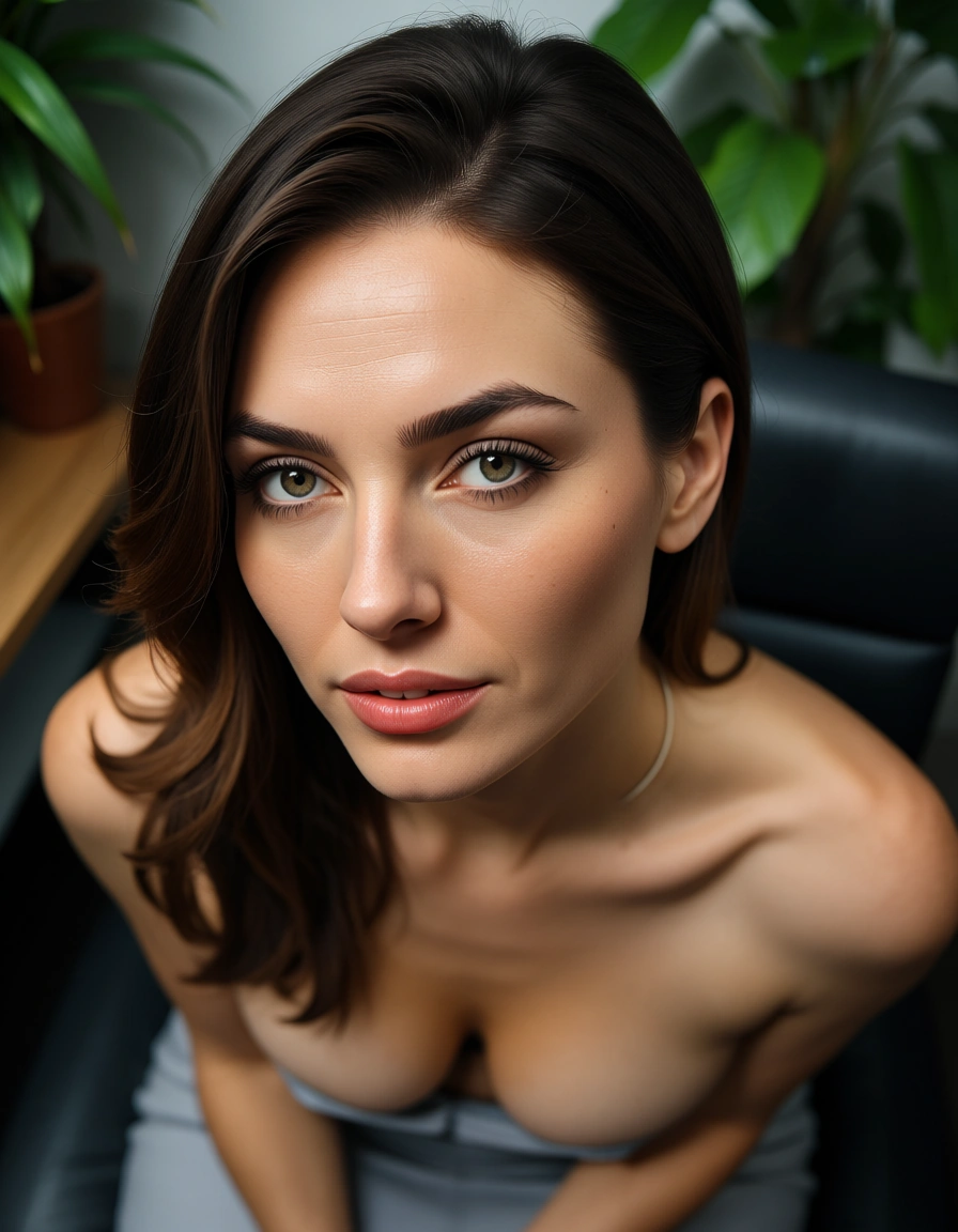 best quality, hyperrealistic, from above, office lady, topless, bare arms, plant, tender moment, natural skin texture, score_9, score_8, candid photo, realistic skin texture, visible skin pores, film grain, depth of field