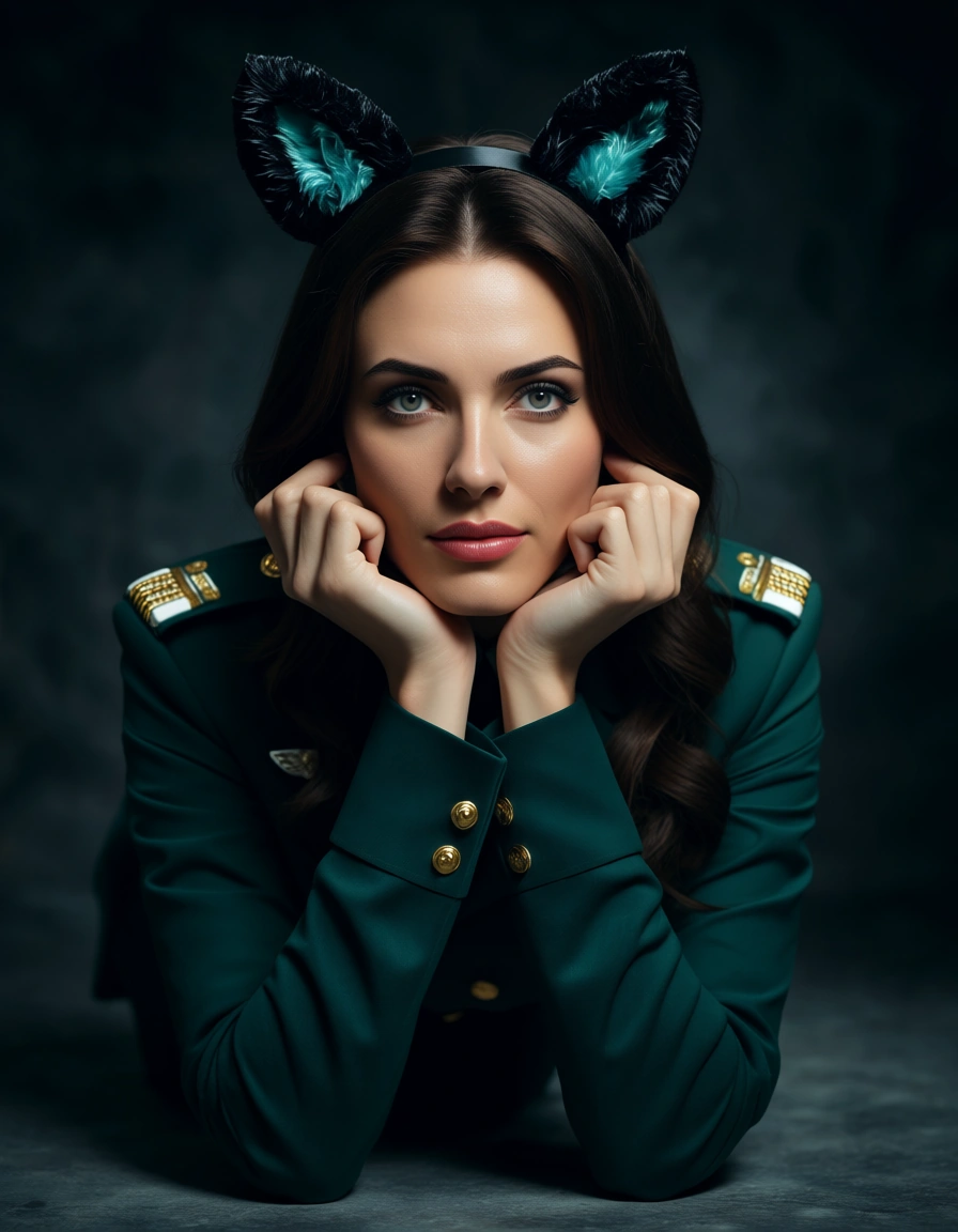 ultra HD, lifelike, brunette woman, fake animal ears, long sleeves, facesitting, military, full body, ambient glow, studio photo, score_9, score_8, candid photo, realistic skin texture, visible skin pores, film grain, depth of field