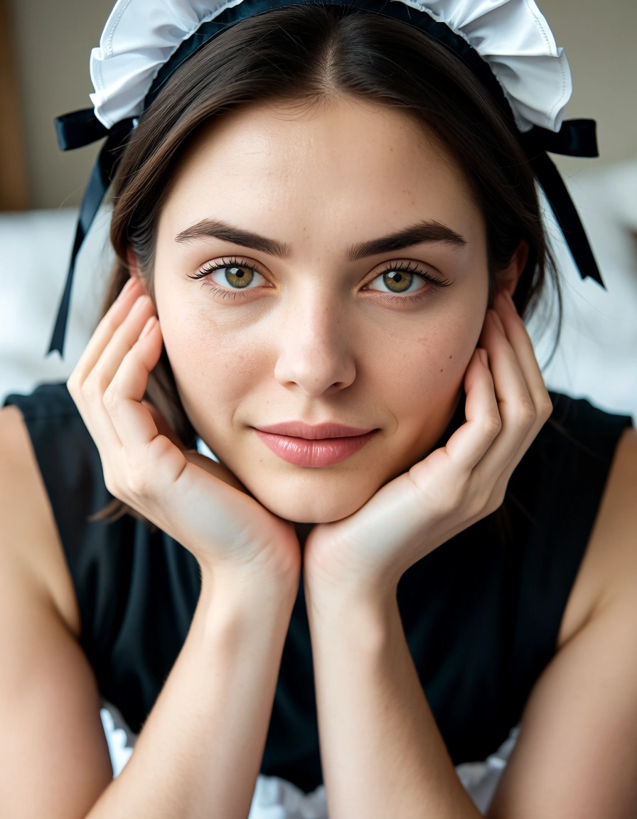 score_9, score_8, @2025, @candid photo, (amateur photography:1.2), (realistic skin texture:1.4), visible skin pores, skin blemishes, goosebumps, natural skin, soft natural lighting, (depth of field), film grain, ultra HD, lifelike, maid, bare arms, ribbon, presenting, portrait, film photography