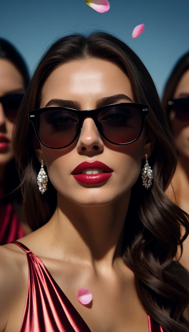 studio quality, sharp focus, multiple women, sunglasses, cocktail dress, creampie, petals, 8k uhd photo