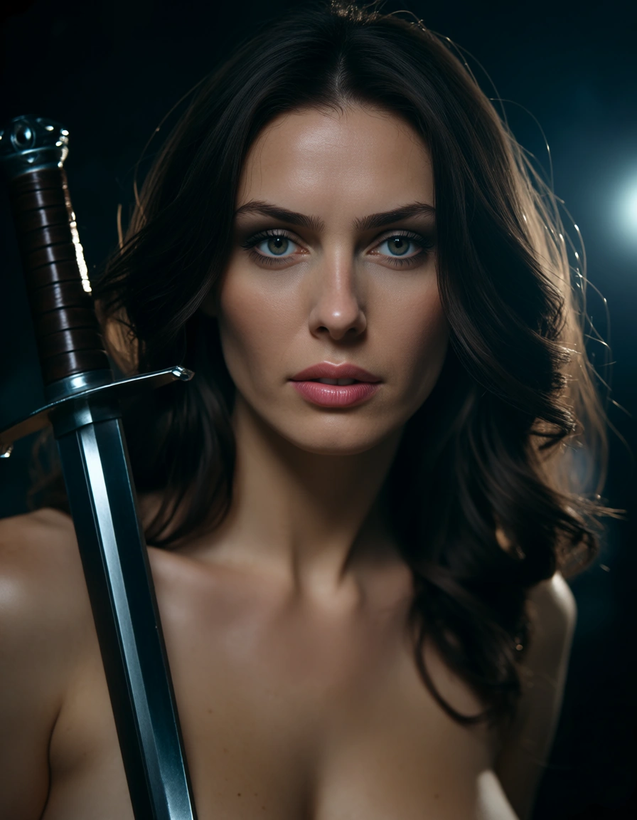 studio quality, sharp focus, brunette woman, weapon, facesitting, ambient glow, film photography, score_9, score_8, candid photo, realistic skin texture, visible skin pores, film grain, depth of field