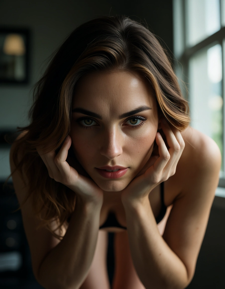 8k, sharp focus, detailed skin,secretary bent over, hands up, window, dslr quality, score_9, score_8, candid photo, realistic skin texture, visible skin pores, film grain, depth of field