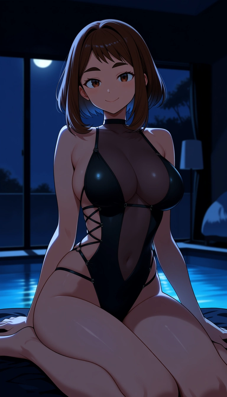 @uraraka_ochaco,18+ , brown_hair , short_hair, perfect body, medium_breasts , (black backless open sides  nylon see-through swimsuit: 1.3), night, night moon soft smooth dim light, seductive smile, wariza , background bedroom with big Panoramic window with pool outside, multiple_views, different body views, hentai_studio_quality