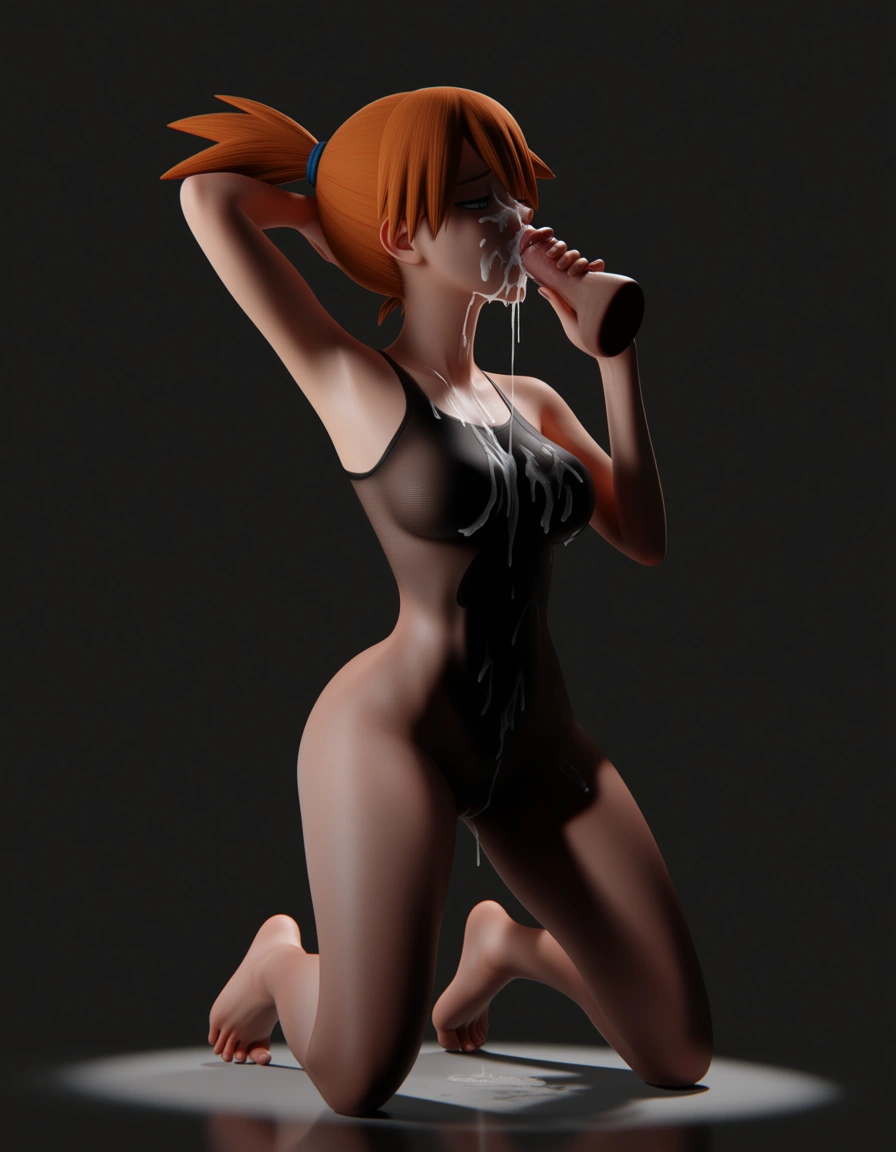 pokemon read misty sucking large cock kneeling. cum shot on face, score_9, score_8, 3d render, octane render, subsurface scattering, ray tracing, smooth shading