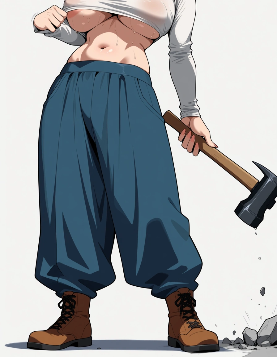 Nagi from the anime “Ruri Rocks”: Nagi is wearing her normal outfit of a long-sleeve white top, long blue pants, and brown boots. Her top is barely keeping her breasts inside.

Nagi is cracking open a rock with her hammer. As she does so, sweat drips down the swell of her breasts., hentai_studio_quality