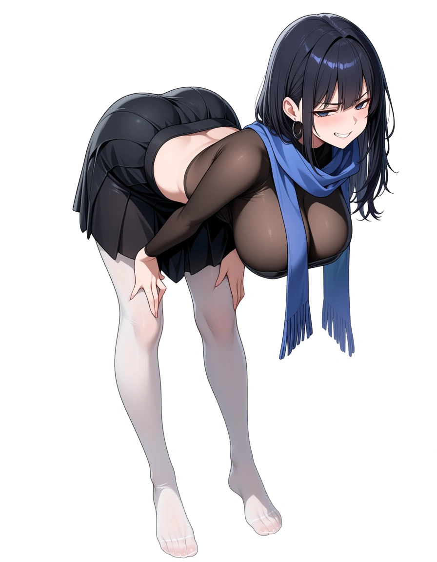 masterpiece, clean art, solo focus, bent over, scarf, medium hair, transparent background, detailed shading, detailed feet, foot_focus, white stockings, smug, disgusted, short skirt, teasing, bullying, long_hair, see-through_clothes, large_breasts, hentai_studio_quality