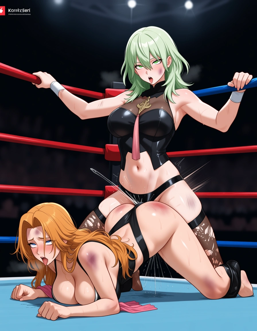 @byleth_(fire_emblem)-dark_green_hair , @matsumoto_rangiku , 2girls yuri sex , wrestling_ring, orgasm pussy_juice, defeated,, bruises, squirting strap-on vaginal_object_insertion sex_from_behind doggystyle, squirting, from_side,, ahegao, hentai_studio_quality, hentai_studio_quality
