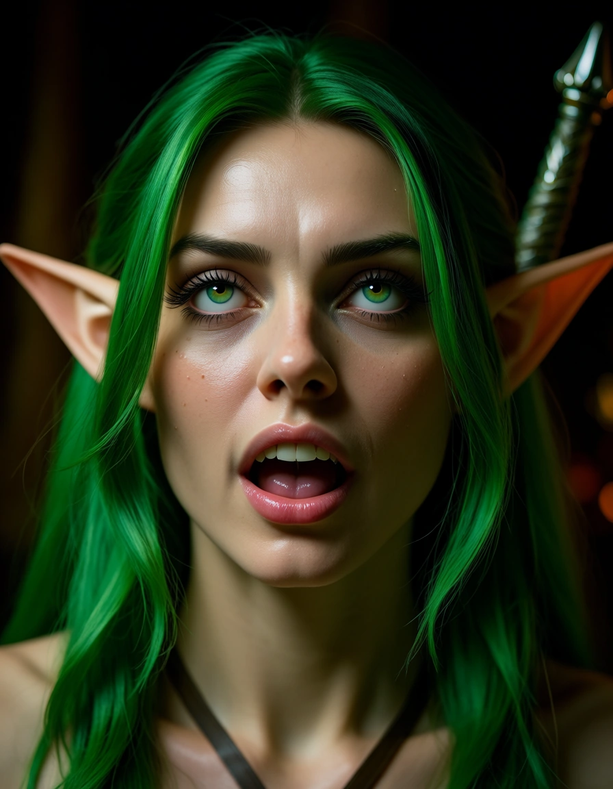 8k, sharp focus, detailed skin, elf girl, green hair, weapon, ahegao, ambient glow, dslr quality, score_9, score_8, candid photo, realistic skin texture, visible skin pores, film grain, depth of field