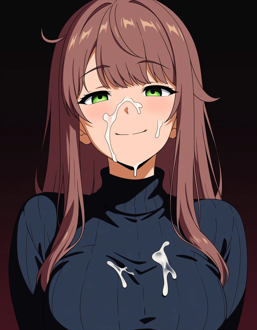 afrobull_artstyle, @monika_(doki_doki_literature_club), 1girl, hair_down, full-face_blush, smile, turtleneck_sweater, facial, cum, looking_at_viewer, (anime style:1.3), 2d, anime screencap, cel shading, flat color, @00osamio00