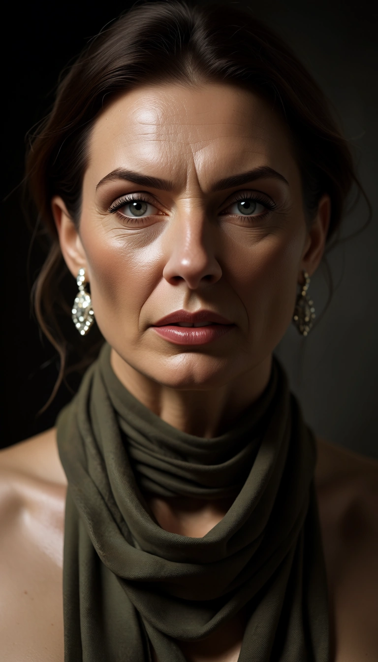 studio quality, sharp focus, mature female, scarf, jewelry, bondage, military, soft lighting, film photography