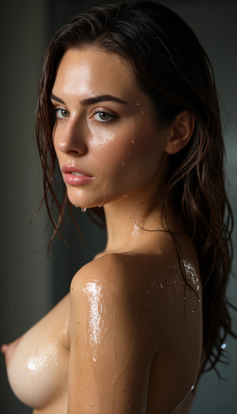 Detailed skin, skin is wet and glistening and woman is turning, lightsouce must reflect from wet skin