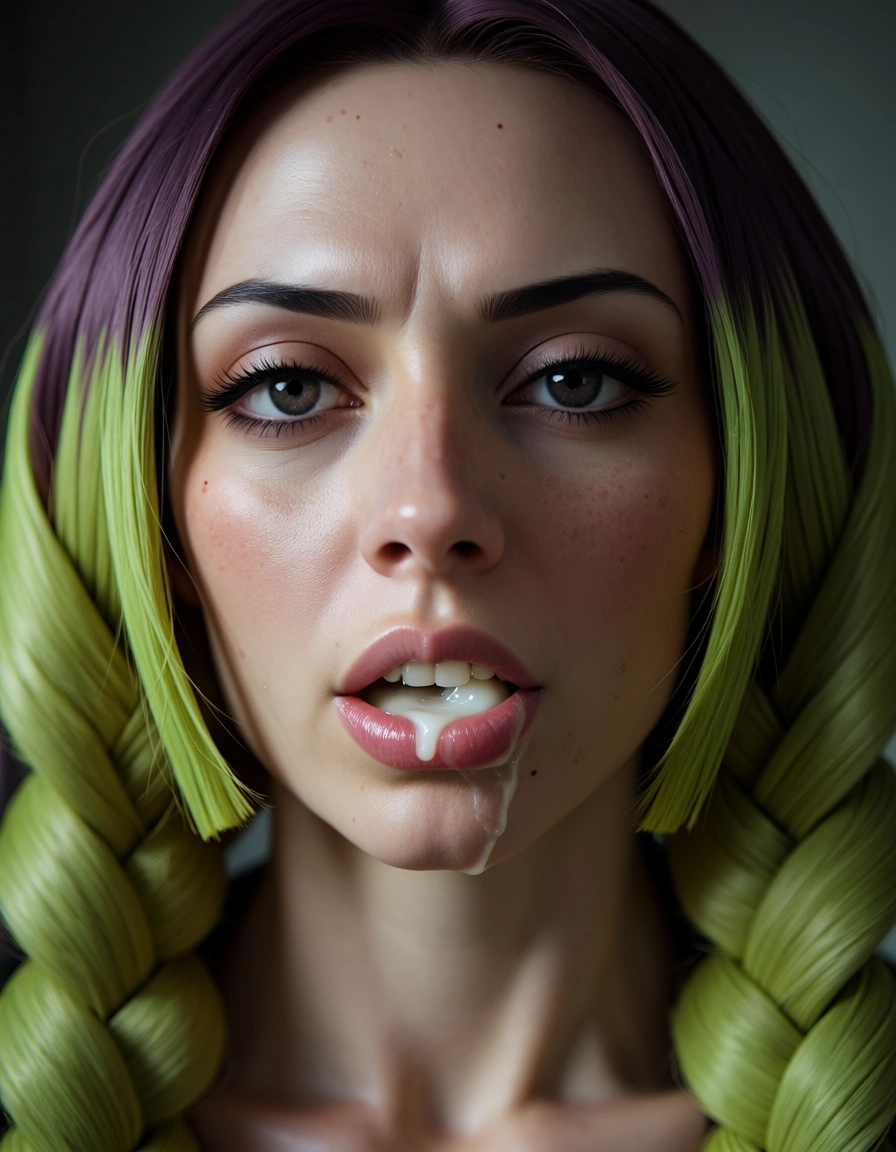 Mitsuri kanroji, big cum_on_breasts, score_9, score_8, candid photo, realistic skin texture, visible skin pores, film grain, depth of field
