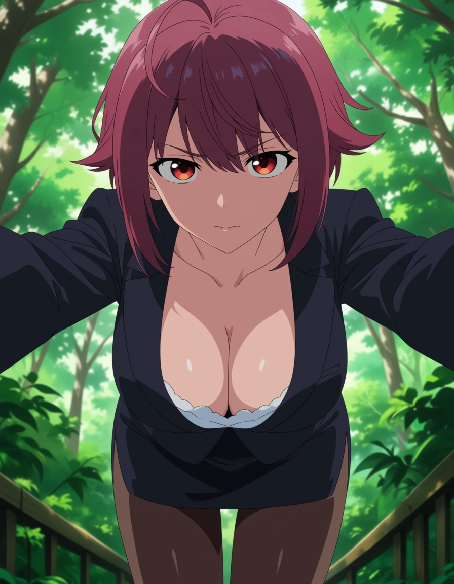 masterpiece, clean art, office lady, doggystyle , cleavage, ahoge, leaf, hentai style, (anime style:1.3), 2d, anime screencap, cel shading, flat color