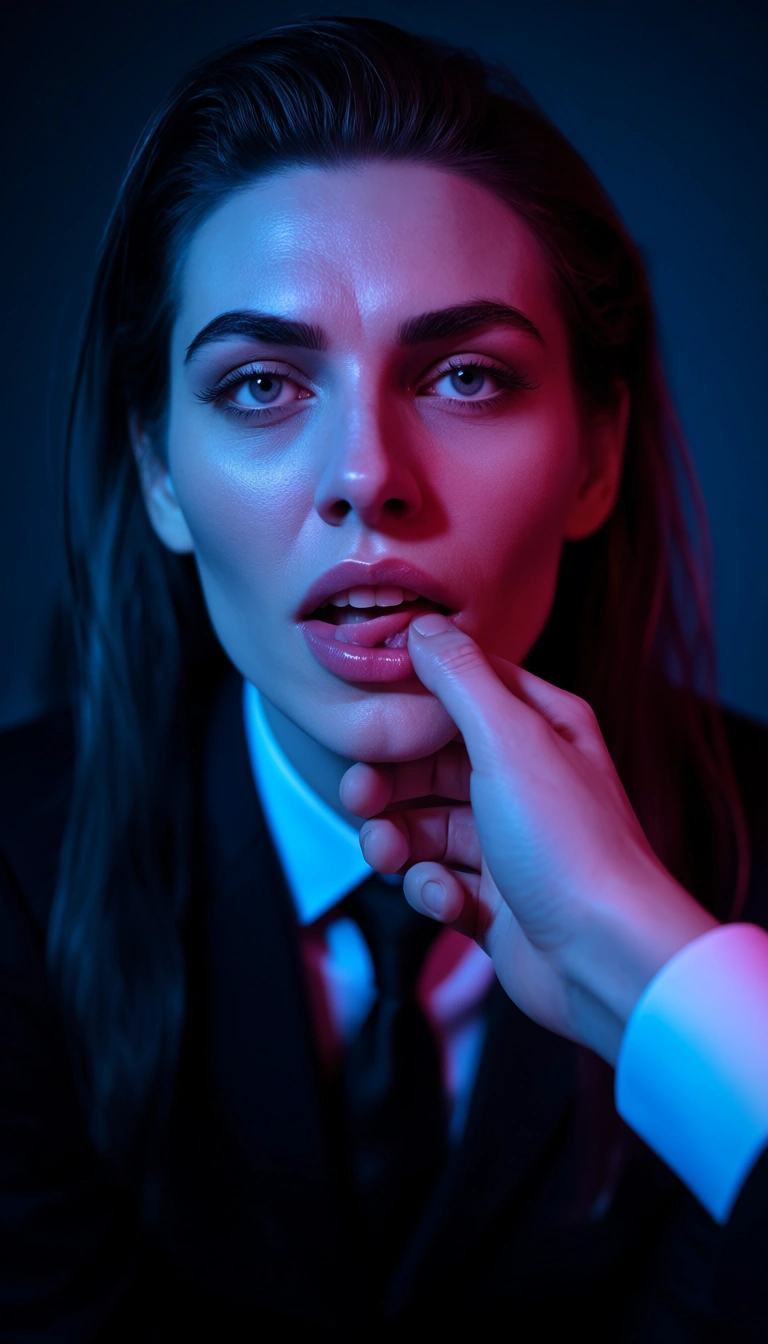 ultra HD, lifelike, 1other, hourglass figure, necktie, fingering, neon glow, cinematic realism