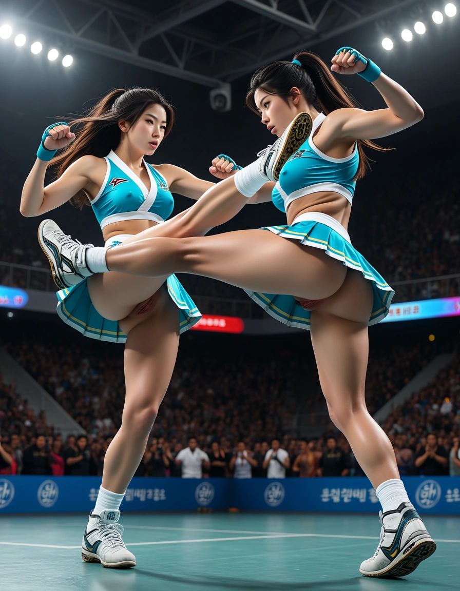 2 (two) women in karate match. slim Korean women cheer leader karate, full body view,  dynamic kicks and punches with pleated skater skirt, medium breasts erect nipples, small crop top,  no panties,  big labia, in crowded sports hall, wide view. fighting  other woman dressed in pleated skater skirt, showing ass, .High detail skin,cowboy shot, deep depth of hall, crowd background, Realistic skin details, Visible pores, sharp focus, SLR camera, photorealism, Photography, (Professional photography, sharp:1.2),, score_9, score_8, 3d render, octane render, subsurface scattering, ray tracing, smooth shading, score_9, score_8, 3d render, octane render, subsurface scattering, ray tracing, smooth shading, score_9, score_8, 3d render, octane render, subsurface scattering, ray tracing, smooth shading, score_9, score_8, 3d render, octane render, subsurface scattering, ray tracing, smooth shading, score_9, score_8, 3d render, octane render, subsurface scattering, ray tracing, smooth shading, score_9, score_8, 3d render, octane render, subsurface scattering, ray tracing, smooth shading