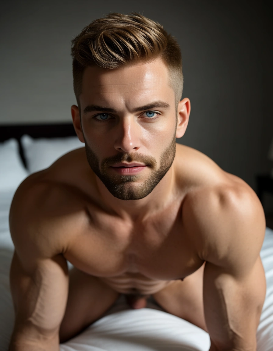 muscular man, about 35, blue eyes, buzzcut light brown hair, trimmed beard, naked on a large bed, score_9, score_8, candid photo, realistic skin texture, visible skin pores, film grain, depth of field