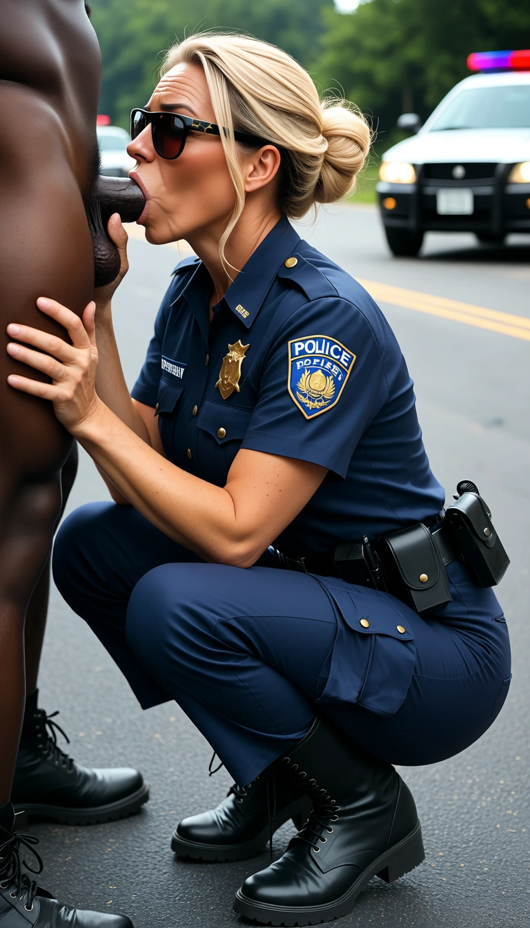 interracial deepthroat blowjob, clothed sex, next to police car, on side of highway, mature female, blonde hair in loose bun, sunglasses, police uniform, dark uniform pants, black work boots, squatting, sucking hard on a dark-skinned man's large penis, photorealistic, detailed skin, natural outdoor light, shallow depth of field