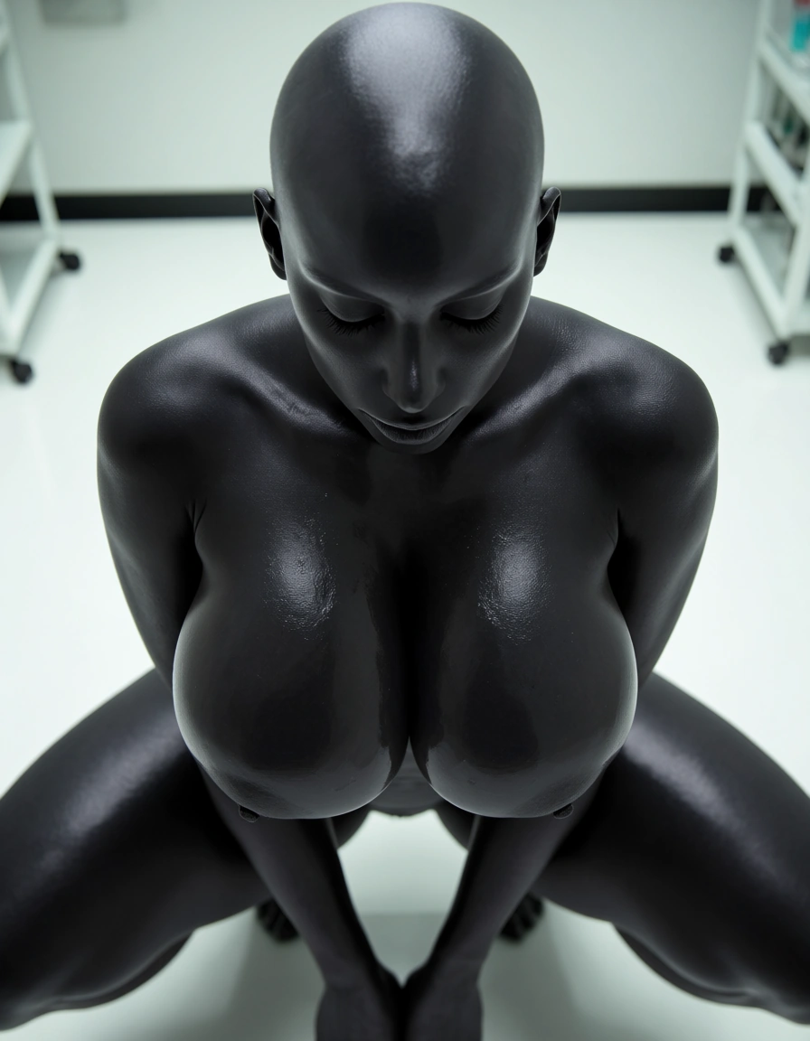 woman (bald, oiled skin, charcoal-black skin, huge_breasts, thick thighs, squatting, looking_down, eyes closed) view from above, clean white laboratory room, score_9, score_8, candid photo, realistic skin texture, visible skin pores, film grain, depth of field