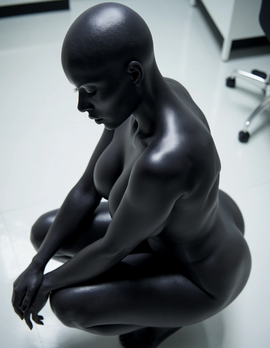 woman (bald, oiled skin, charcoal-black skin, huge_breasts, thick thighs, squatting, looking_down, eyes closed) view from above, from side, clean white laboratory room, score_9, score_8, candid photo, realistic skin texture, visible skin pores, film grain, depth of field