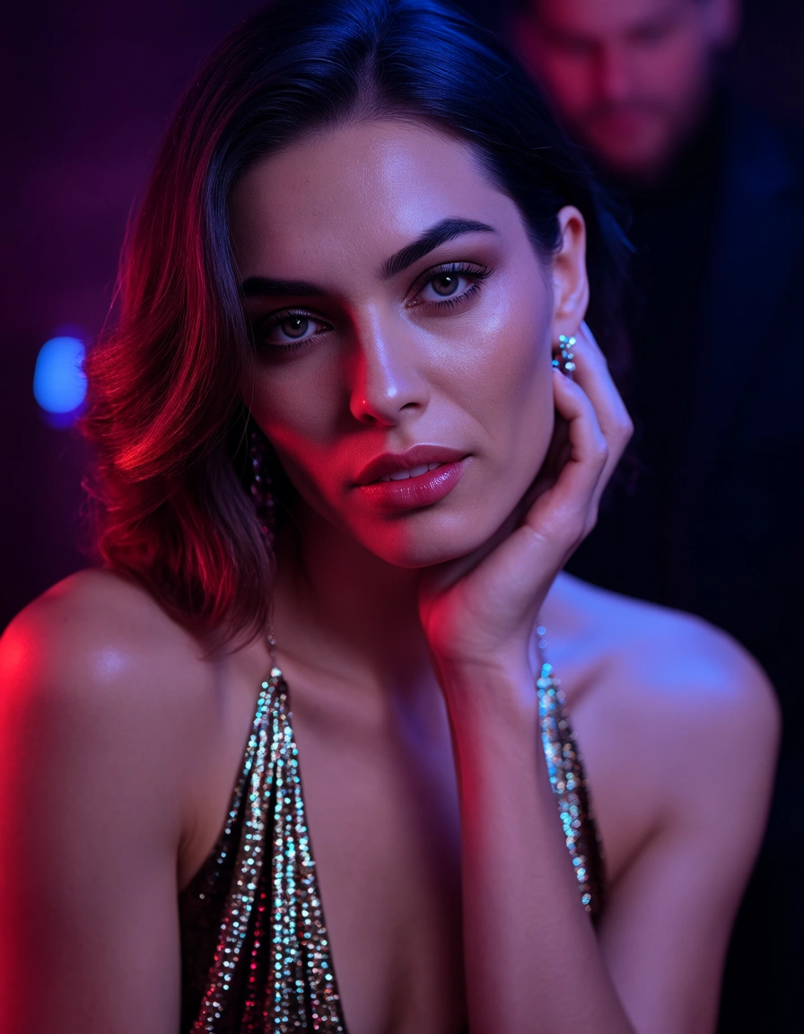 8k, sharp focus, detailed skin, 2boys, cocktail dress, presenting, neon glow, photorealistic, score_9, score_8, candid photo, realistic skin texture, visible skin pores, film grain, depth of field