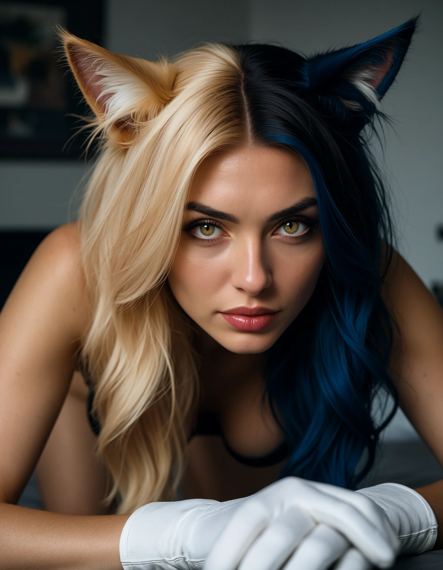 sharp focus, 8k uhd, catgirl, two-tone hair, white gloves, doggy style, natural skin texture, score_9, score_8, candid photo, realistic skin texture, visible skin pores, film grain, depth of field